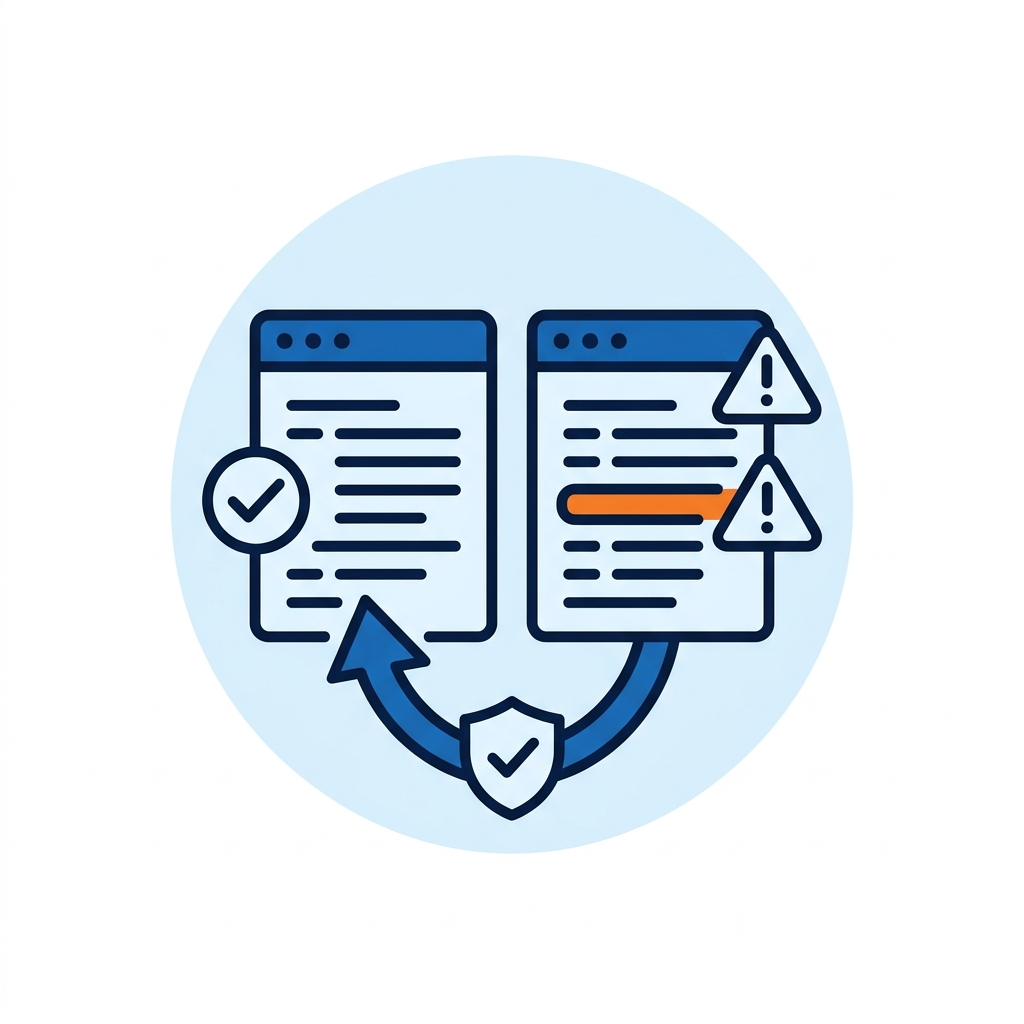 ReXGuardianCA self-healing drift shield icon — Siamese Neural Network comparing configuration baseline against current state to detect drift in expired certificates, GPO changes, and firewall mutations with automatic policy-gated rollback