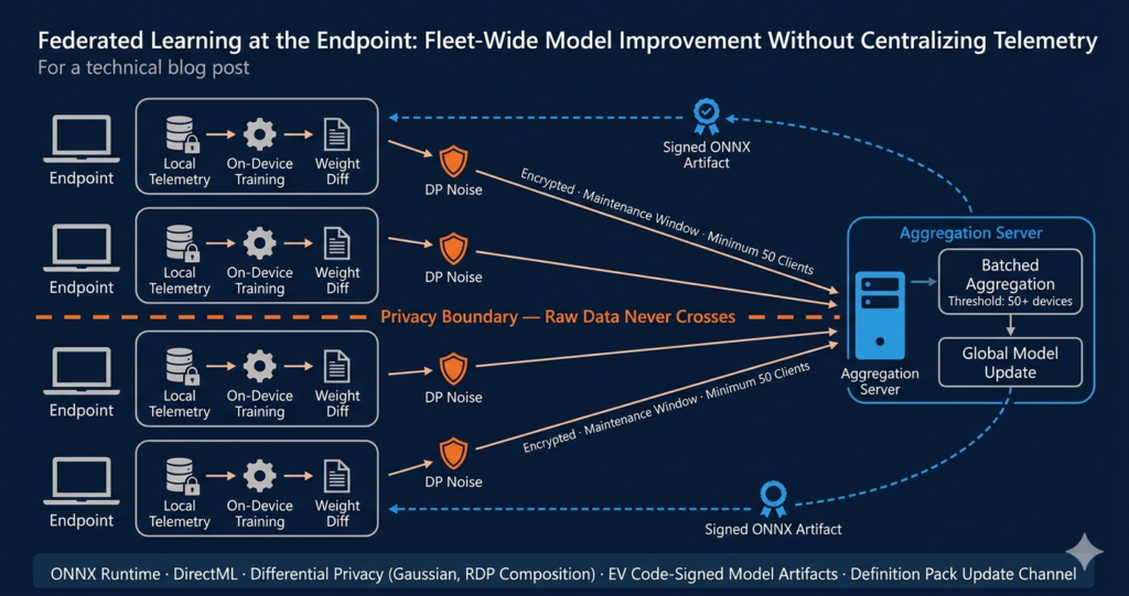 Diagram of federated learning architecture showing local endpoint training, encrypted weight diff transmission, and fleet-wide model aggregation